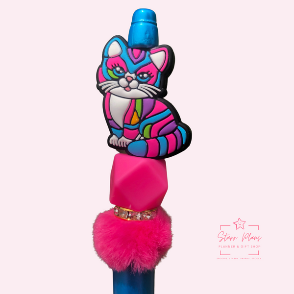 Beaded Pen || Rainbow Kitty Cat on Aqua