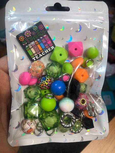 Bead Mixes - Teacher || 3mm+ Large Hole || Bead Pack with Focal || Green, Pink, Orange