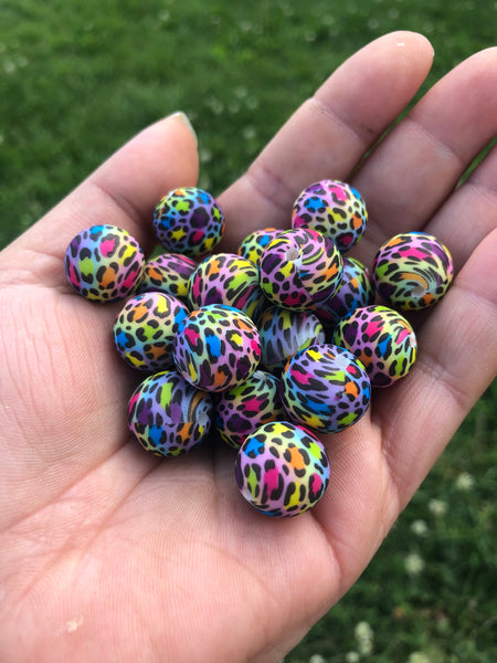 15MM Silicone Print Bead || Rainbow Cheetah Print ||