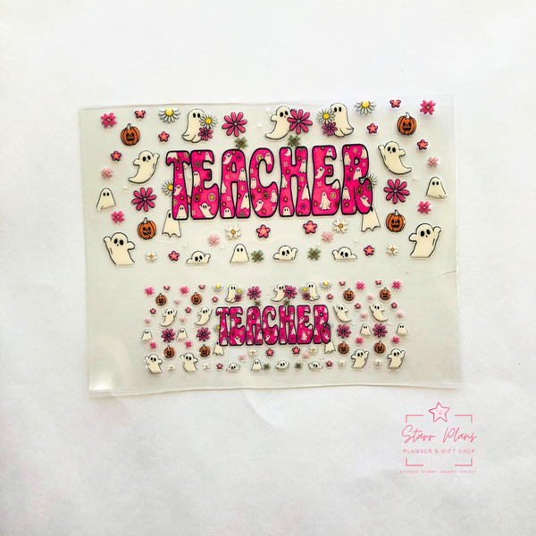 Mini Tumbler UVDTF Decal - Spooky Ghost - "Teacher" with Mini Ghosts & Flowers Pattern