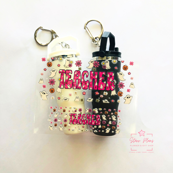 Mini Tumbler UVDTF Decal - Spooky Ghost - "Teacher" with Mini Ghosts & Flowers Pattern