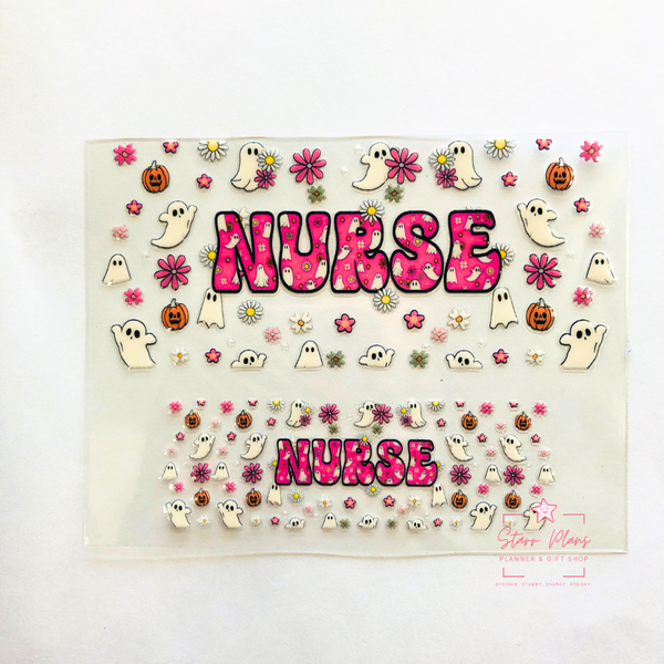 Mini Tumbler UVDTF Decal - Spooky Ghost - "Nurse" with Mini Ghosts & Flowers Pattern