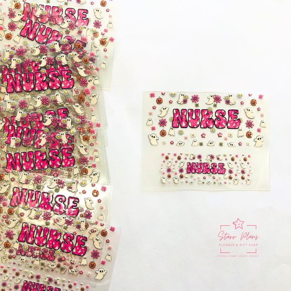 Mini Tumbler UVDTF Decal - Spooky Ghost - "Nurse" with Mini Ghosts & Flowers Pattern