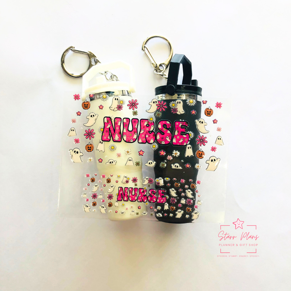 Mini Tumbler UVDTF Decal - Spooky Ghost - "Nurse" with Mini Ghosts & Flowers Pattern
