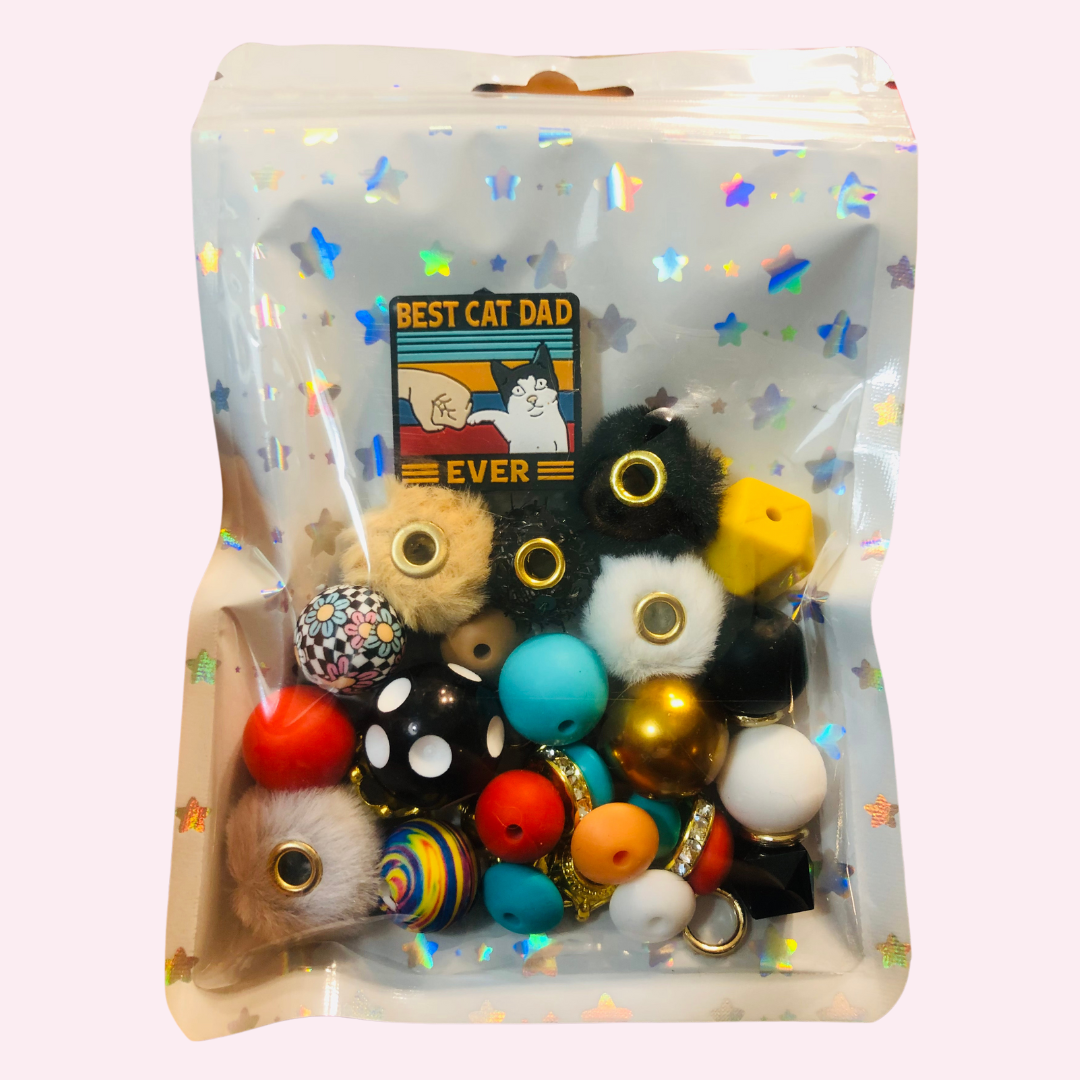 Bead Mixes - Best Cat Dad || 3mm+ Large Hole || Bead Pack with Focal || Black White Teal