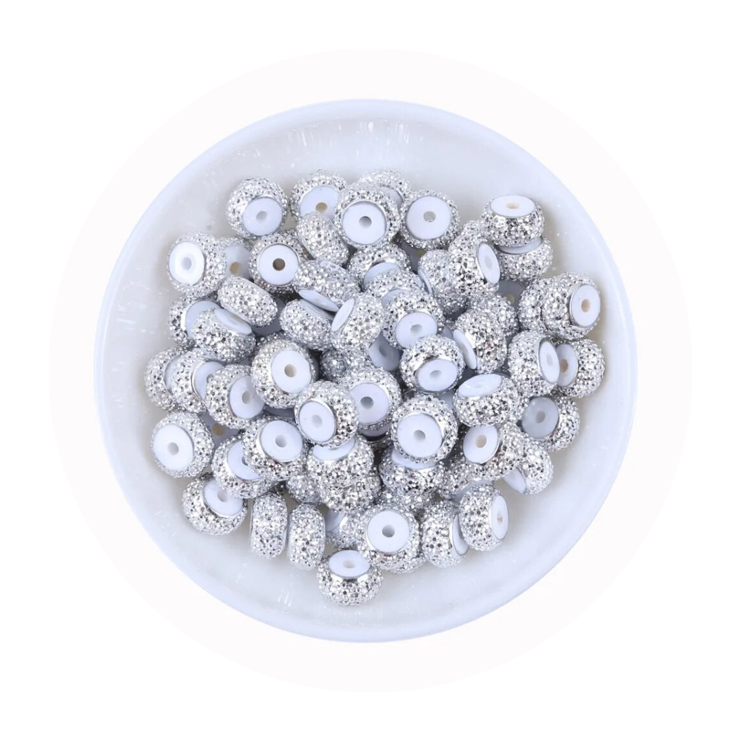 12mm by 7mm White Resin Rhinestone Round Spacer Beads