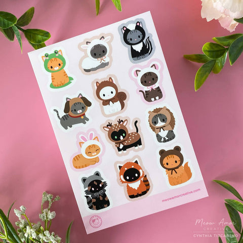 Cats in Animal Suits Pink Vinyl Sticker Sheet
