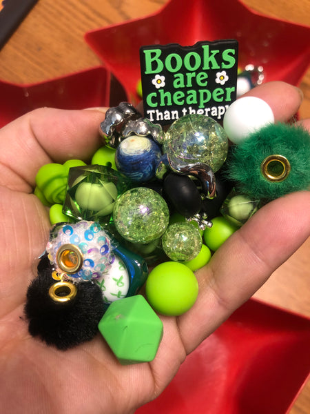 Bead Mixes - Books Are Cheaper Than Therapy || 3mm+ Large Hole || Bead Pack with Focal || Green