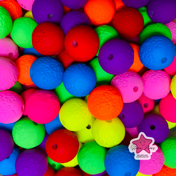 Bead Soup - Neon Rainbow Round Bead with Flower Print || 10 pcs