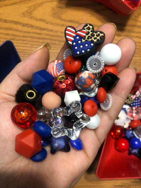 Bead Mixes - American Hearts|| 3mm+ Large Hole || Bead Pack with Focal ||Red, White, Blue