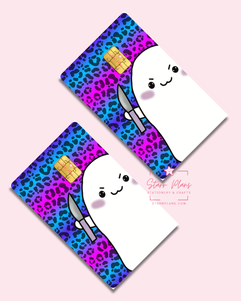UVDTF Permanent Debit Card Decal - Stabby with Blue Cheetah Background