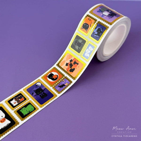 Halloween Cat Stamp Gold Foil Vinyl Sticker Roll Washi Tape