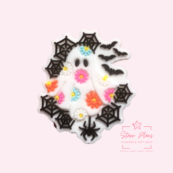 Silicone Focal Beads - Spiderweb Ghost with Flowers and Bats  - 75A