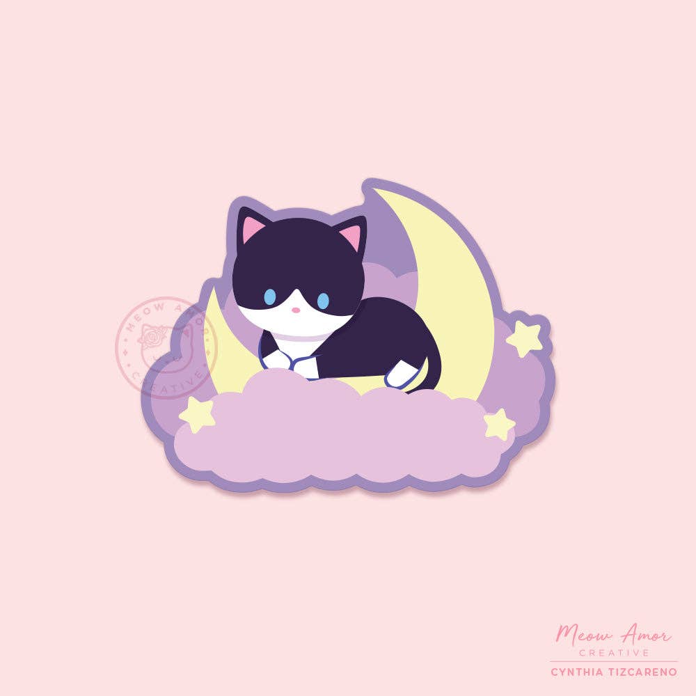 Dreamy Moon Tuxedo Cat Vinyl Sticker