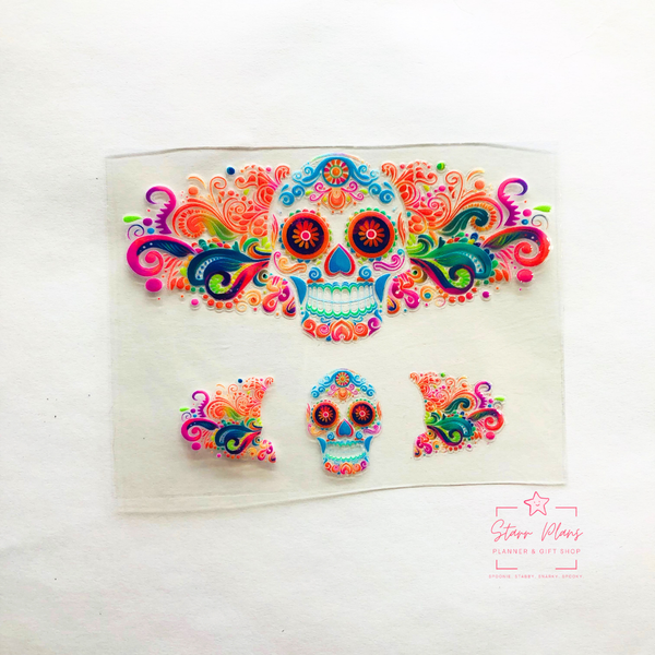 Mini Tumbler UVDTF Decal - Spooky Skull Hispanic : Sugar Skull Rainbow Swirls