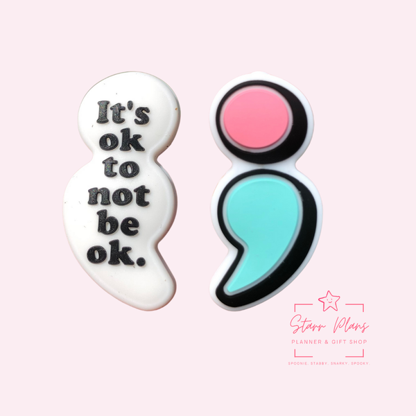 Silicone Focal Beads -Pink & Blue Semi Colon "It's Okay to not be Okay" - 92