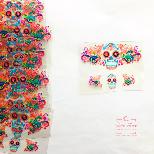 Mini Tumbler UVDTF Decal - Spooky Skull Hispanic : Sugar Skull Rainbow Swirls