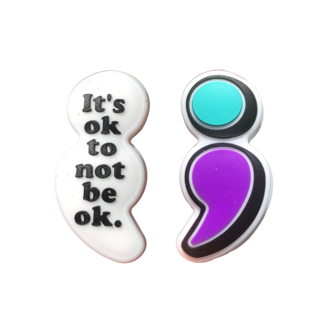 Silicone Focal Beads - Purple & Teal Semi Colon "It's Okay to not be Okay" -93