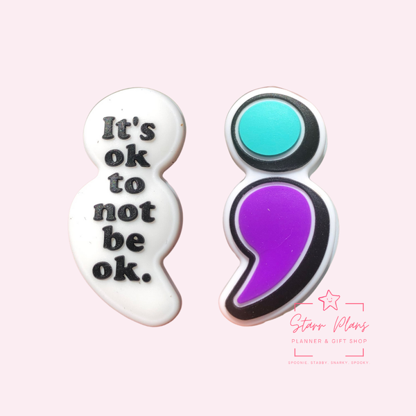 Silicone Focal Beads - Purple & Teal Semi Colon "It's Okay to not be Okay" -93