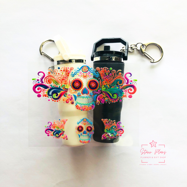 Mini Tumbler UVDTF Decal - Spooky Skull Hispanic : Sugar Skull Rainbow Swirls