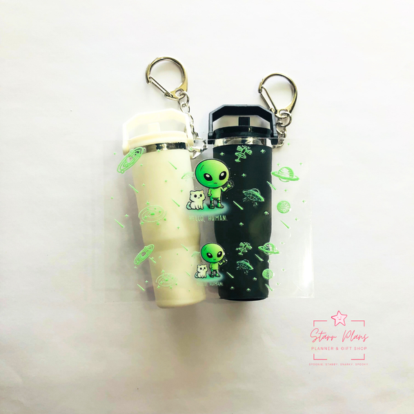 Mini Tumbler UVDTF Decal - Magical Aliens "Hello, Human" With Cat