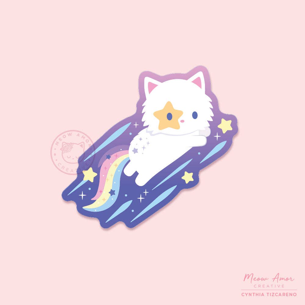 White Cat Shooting Star Vinyl Sticker