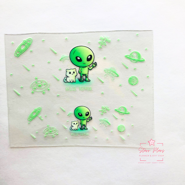 Mini Tumbler UVDTF Decal - Magical Aliens "Hello, Human" With Cat