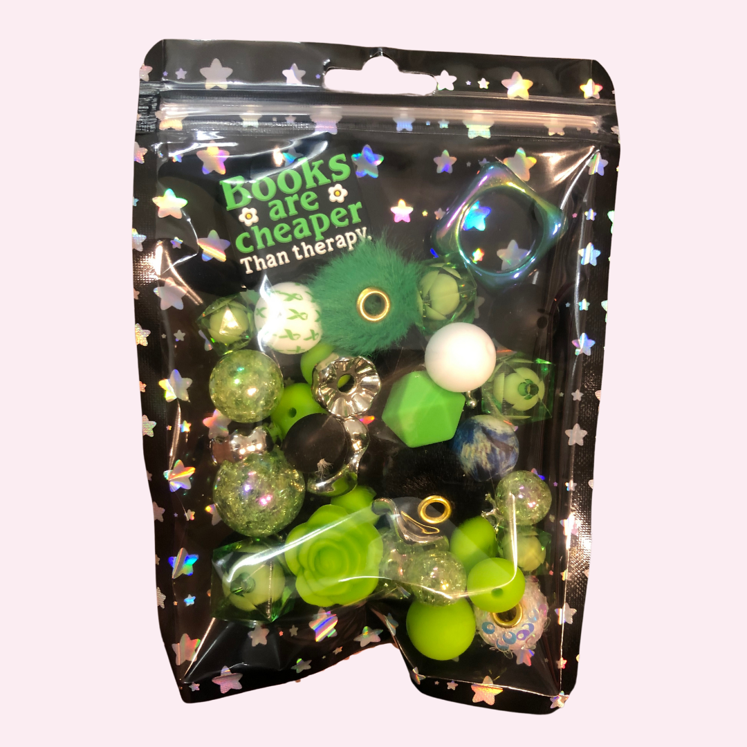 Bead Mixes - Books Are Cheaper Than Therapy || 3mm+ Large Hole || Bead Pack with Focal || Green