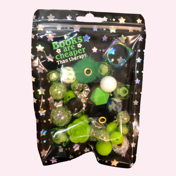 Bead Mixes - Books Are Cheaper Than Therapy || 3mm+ Large Hole || Bead Pack with Focal || Green
