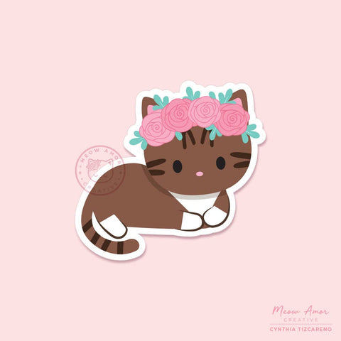 Rose Crown Brown Tabby Cat Vinyl Sticker