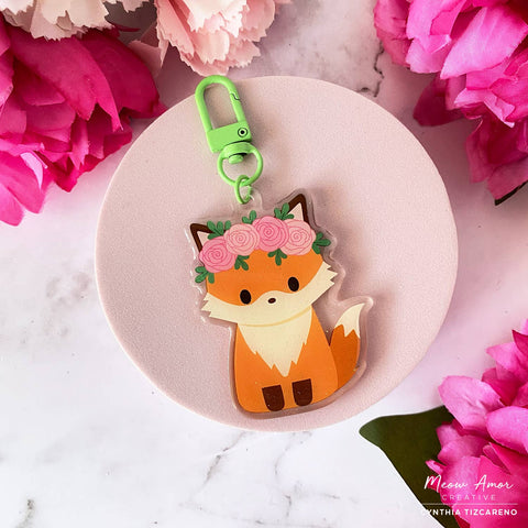 Fox Rose Flower Crown Glitter Acrylic Charm