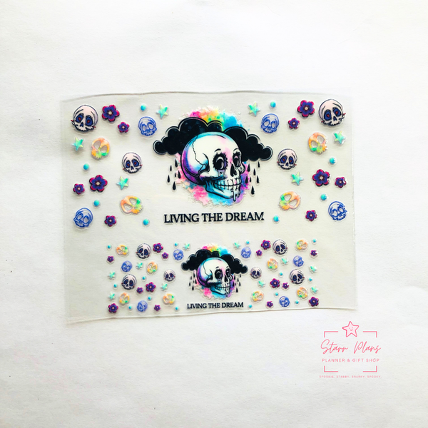 Mini Tumbler UVDTF Decal - Snarky Skull "Living the Dream"