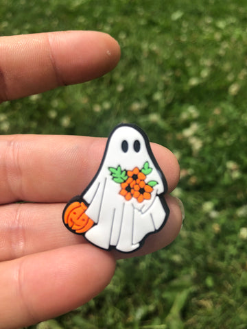 Silicone Focal Beads - Ghost with Orange Pumpkin and Flowers - 45