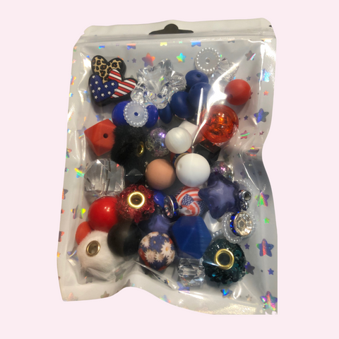 Bead Mixes - American Hearts|| 3mm+ Large Hole || Bead Pack with Focal ||Red, White, Blue