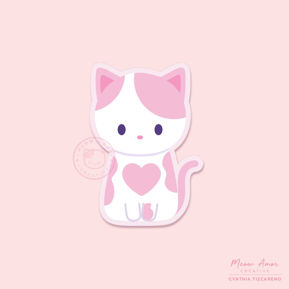 Pink Strawberry Heart Cat Vinyl Sticker