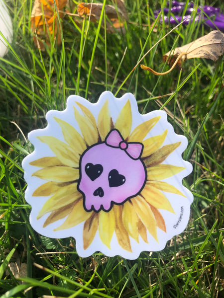 NEW Skully - Spooky Skull with Sunflower || Pastel Goth Kawaii Cute || Vinyl Sticker || Starr Plans Exclusive