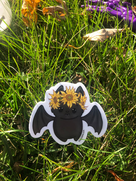 NEW- Black Batty with Sunflower Crown || Kawaii Cute Spooky Pastel Goth || Vinyl Sticker || Starr Plans Exclusive