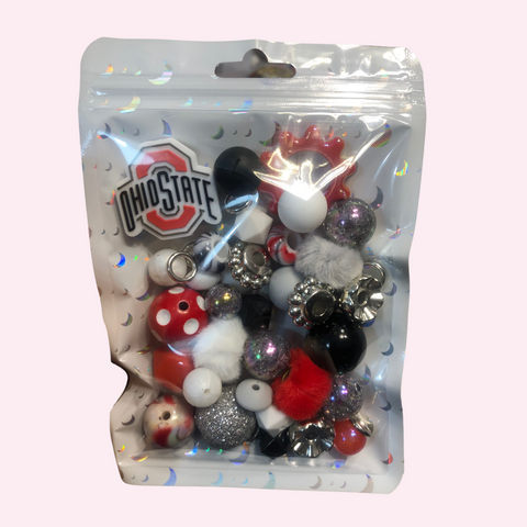 Bead Mixes - Ohio State || 3mm+ Large Hole || Bead Pack with Focal || Red, Black and White