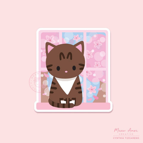 Cherry Blossom Window Brown Tabby Vinyl Sticker