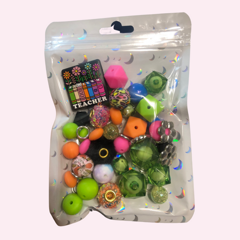Bead Mixes - Teacher || 3mm+ Large Hole || Bead Pack with Focal || Green, Pink, Orange