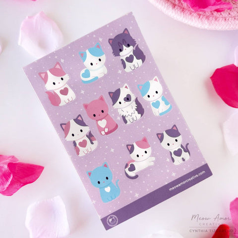 Pastel Heart Cats Vinyl Sticker Sheet