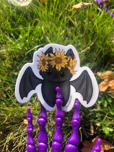 NEW- Black Batty with Sunflower Crown || Kawaii Cute Spooky Pastel Goth || Vinyl Sticker || Starr Plans Exclusive