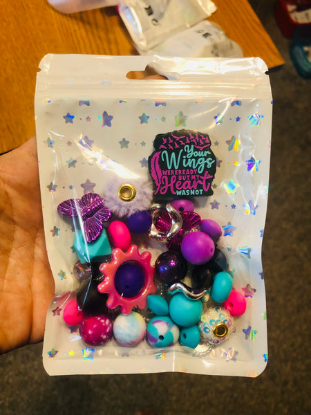 Bead Mixes - Your Wings Were Ready || 3mm+ Large Hole || Bead Pack with Focal || Purple, Pink, Teal
