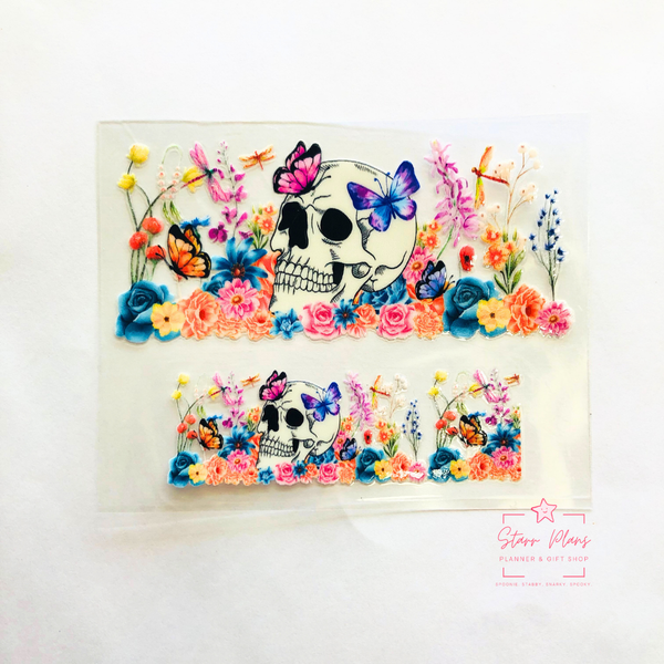 Mini Tumbler UVDTF Decal - Spooky: Skull in Field of Flowers