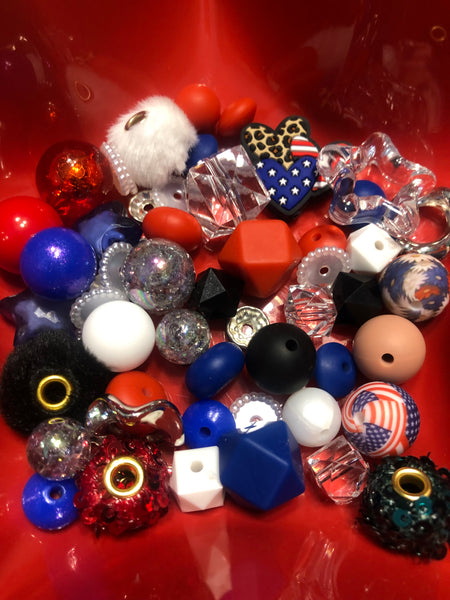 Bead Mixes - American Hearts|| 3mm+ Large Hole || Bead Pack with Focal ||Red, White, Blue