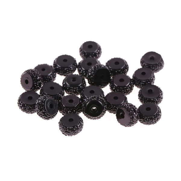 12mm by 7mm Black Rhinestone Round Spacer Beads