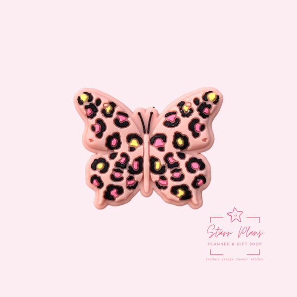 Silicone Focal Beads - Cheetah Print Butterfly - PINK - 65A