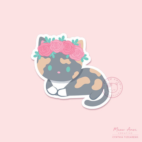 Rose Crown Dilute Tortie Cat Vinyl Sticker