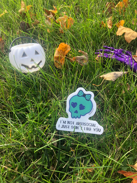 NEW- Skully - "I'm not antisocial, I just don't like you" || Cute Spooky Pastel Goth || Vinyl Sticker Decal || Starr Plans Exclusive