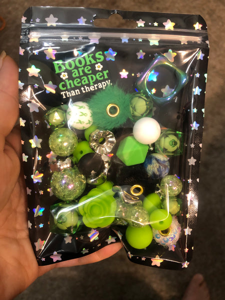 Bead Mixes - Books Are Cheaper Than Therapy || 3mm+ Large Hole || Bead Pack with Focal || Green